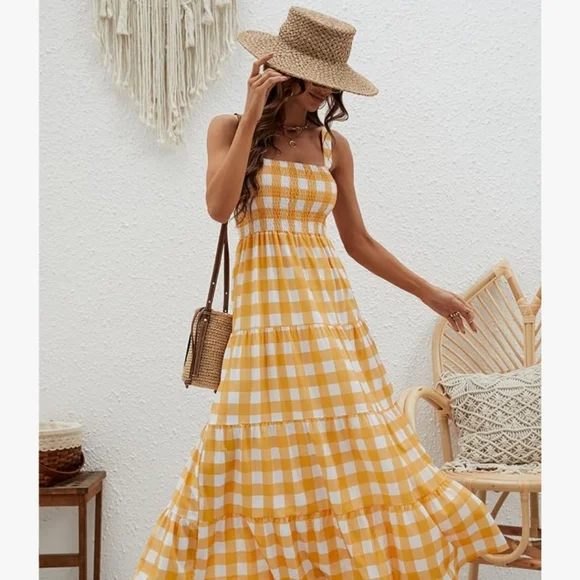 Women's yellow gingham summer boho flowy long dress Sz Large - Picture 5 of 8